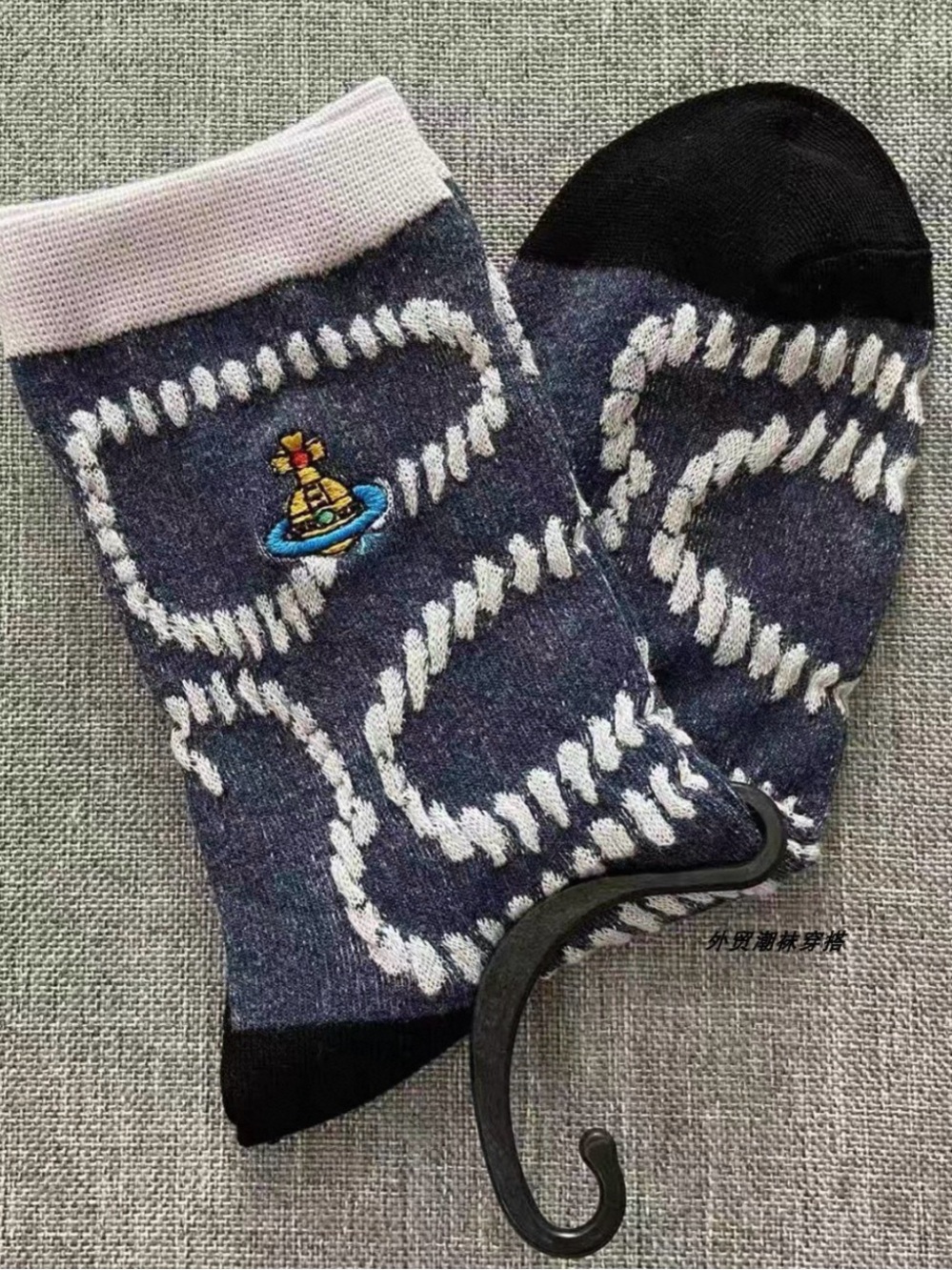 Women Vivienne Westwood Navy Patterned Crew Socks with Embroidered Crest onesize